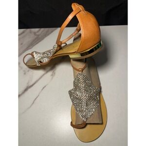Lola Cruz Women's Tan Leather Rhinestone Embellished Flat Sandals Size 38